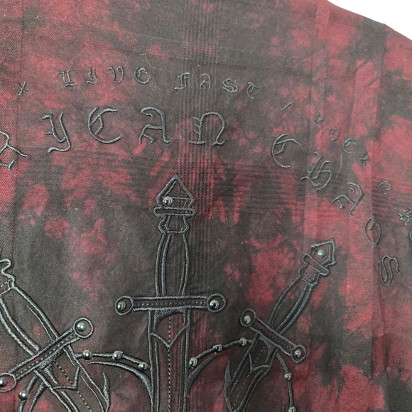 Affliction Men 3XL Blood Red Tie-Dye Widowmaker Stretch Button-Down Shirt Pocket - Picture 12 of 16